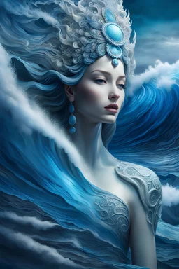 A dramatic epic breathtaking view of ocean waves shaped like a water goddess with no face, she's entirely made from water, no body or face, standing tall among the waves :: 8k 3D, hyperdetailed, blue, white, airbrush and alcohol ink art, Epic, cinematic post-processing, brilliant stunning intricate meticulously detailed dramatic atmospheric maximalist digital matte painting, award winning, crisp quality