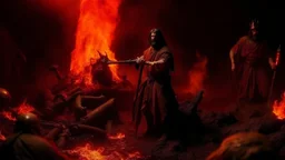 Highly detailed medium shot of Jesus Christ shoot Satan with a shotgun in hell, red, blood, demons, lava, fire, darkness, landscape