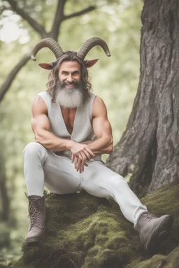 full body view, photography of a mythical satyr, a half man, half goat in the forest, eyes squinting, horns like a male goat, in the style of glitter pastels, grey goatee, ruddy weathered, hairy man face, lower body is a goat with goat legs and hooves, smiling, sitting on a tree stump