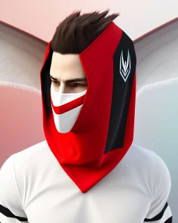 Draw an illustration with a red and black hood and a dragón mask over they eyes