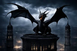 black dragon on top of a building wings outstetched dark fantasy lightening