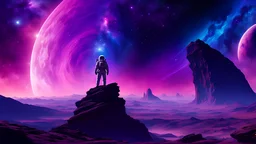 A lone astronaut, silhouetted against a swirling nebula of vibrant purples and blues, stands atop a crumbling alien monolith, their gaze fixed on a distant, pulsating star. Render it in the style of a classic sci-fi painting, with a touch of photorealism to emphasize the astronaut’s awe and the otherworldly beauty of the scene.