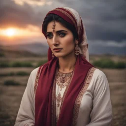 Photographic Long Shot View, Pakistani, Pashto, Cultural, Sad Woman, Beautiful, Beautiful Cloudy Sunset, Wearing Traditional Grey Dress Maroon Embroidery & White Dupatta, Subtle Sad Expressions, Beautiful Eyes, Stressing Vibes, Cinematic & Dramatic Ambiance.