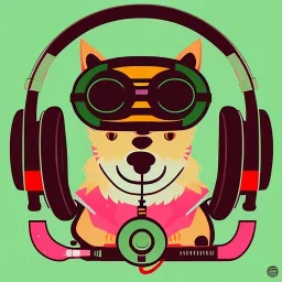 die cut sticker of cute cyber animal with headphones, 2D, flat illustration by bryen frost, cyberpunk, minimal, vector style