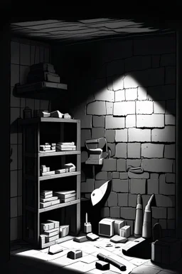 minimal manga drawing of a dark room with a lot of items and tools, stony wall