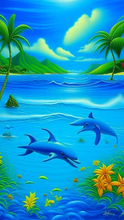 A blue beach with dolphins designed in Hawaiian tikis painted by Georges Seurat