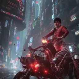 cyberpunk man in kaneda's bike from akira, highly detailed global illumination, detailed and intricate environment