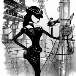 great illustrator, spanish, pencil sketch of a cute girl, beautiful, steampunk syle, black and white. Helmet with tubes. glasses, venetian dress. Machinery in the background. robotic birds flying. High details.