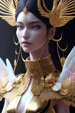 Detailed cosmic horror creature with wings, hair buns, bangs,bodysuit, intricate details, full body portrait, keep head in frame, slight smile, black Japanese motif, concept art, highly detailed, digital painting, concept art, sharp focus, illustration, art by Yoji Shinkawa, WLOP and greg rutkowski and alphonse mucha and artgerm and yanjun Chen and Junji ito and Makoto Shinkai, HDR, octane render, dark background