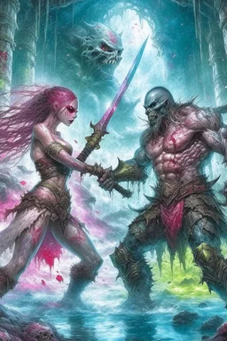 Beautiful adventuress fighting against an orc in a dim dungeon. Blood splatters and wounds. , Luis Royo, Clint Cearley, Daarken, Jeremy Mann, hyper-detailed, hyperrealistic, digital art, detailed background, fairy tale, cinematic, vibrant pastel colours