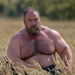 close up photography of a relaxing tired burly chubby stocky muscular tattooed sicilian farmer 60 years old under the sun sitting down in a wheat field,, ugly, manly chest, sweat, with the shirt open, bulging boxer, frontal view from the ground, 35mm lens , countryside