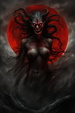 A dramatic digital painting portraying a horror monster under the Red Moon, veins pulsing, claws of temptation visible, soul in turmoil. In the style of Luis Royo and Boris Vallejo, vivid colors, swirling brushstrokes, highly detailed, 8k resolution, surrealistic., juicy emotions, painting, gloomy fantasy, gloomy day, dark world, portrait, oil and graphite, wide strokes, a weaving frame around, by Ryohei Hase, Agnes Cecile, Raymond Swanland, Anne Bachelier