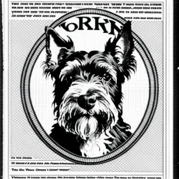 circle containing a black and white image of a terrier
