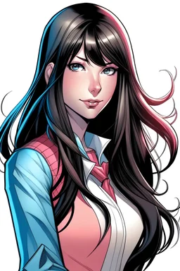 Marvel panel cómic chica de pelo largo con flequillo el color de su pelo negro,piel pálida,ojos color azul cielo, traje de Spiderman rosado con blanco,cuerpo perfecto,bella