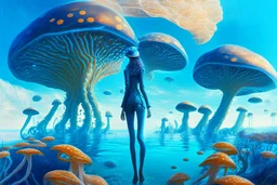 woman in a tight suit, on the shores of an alien world, with mushrooms, with jellyfish tentacles floating in the air, photorealistic, Detailed Matte Painting, Deep Colour, Fantastical, Intricate Detail, sunshine, blue sky