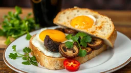 A glass of Mackeson stout, a chunk of freshly baked bread with butter and fried eggs, fried black pudding, fried mushrooms, watercress, sliced red chillies. Award-winning colour photograph.