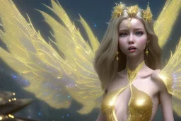  beautiful cosmic fairy, long hair, golden skin, nice smiling, transparent wings, magic glamour make up, delicate colors, beautiful glamour galactique dress, ultra sharp focus, 8k, unreal engine 5, extremely sharp detail, light effect, soft light atmosphere of a spaceship, smooth, full of details, face in front, complete vision of face and hair and body