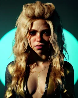 portrait, Shakira, blonde artist, angry, Realistic image, MMA robe, hoodie, mma gloves, loose long hair, eyes, makeup, gold line make up, moisture, sweat, fog, goddess, Neon colors, leds. Black background, photo studio, concept art, smooth, unreal engine 5, god lights, ray tracing, RTX, lumen lighting, ultra detail, volumetric lighting, 3d, finely drawn, high definition, 4k.