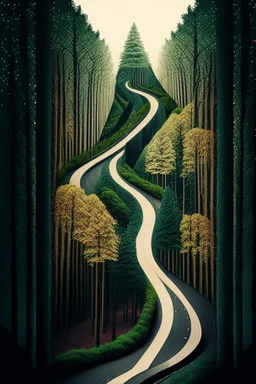 portrait of a road going through the woods in various states on mutliple mathematical planes