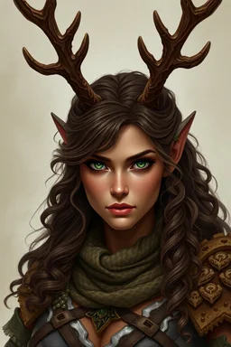 A female fantasy warrior with antlers, olive toned skin, long brown curly hair, green eyes