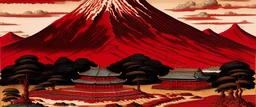 A dark red palace near a volcano painted by Katsushika Hokusai