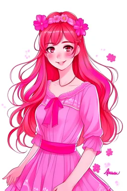 Draw agirl dressesd apink dressand her hair is pink Anime flower