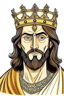 "Draw an Arabian king with a short beard and shoulder-length hair, handsome, sharp features, wearing a crown. His color is slightly tan, and he has drowsy eyes. And black hair His body is of average height. Draw another Arabian king who is larger in size, with thick eyebrows." Draw in comice style