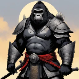 [art by Dorohedoro] a gorilla female with dreadlocks, clad in intricate samurai armor, stood poised on high guard, her keen eyes scanning the horizon for any sign of danger. In her powerful grip, she wielded a gleaming katana, its blade reflecting the light with a deadly glint.