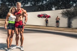 make a pic with bodybuilder Knut Spildrejorde from Norway and his fitness wife Jeanette, they are standing front of his new red car Chevrolet Camaro, very busy highway in sunny Texas in the background