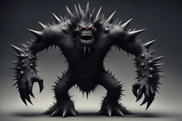 Он шокирующе высокий угольный монстр с акцентами из зазубренных хрустальных шипов, которые обрамляют его спину, руки и голову. У него острые как бритва зубы с шипами.