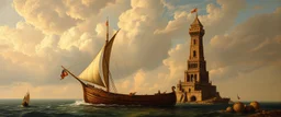 master oil painting by Rembrandt, a boat that looks like the ark and the tower of babel