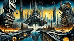 a stunningly weird image of a futuristic metropolis using Salvador Dali's paranoiac-critical method, where buildings and structures appear to melt into the skyline cityscape is filled with floating mad, twisted sharp metal shapes that interact with the buildings and each other, forming a surreal tableau of a dreamlike reality. neu-steampunk vibe, essence of the scene in a cinematic manner, with dramatic shadows that enhance the distorted perspectives and bizarre