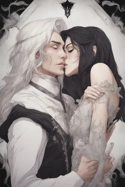 Strahd Von Zarovich, long black hair, being kissed on the mouth by a beautiful woman with white hair, wearing an off the shoulder dress. Settling and background are a lavish toomb with an ebony coffin.