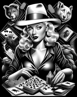 awesome mc escher illustration black and white style beautiful woman marilyn monroe playing poker smoking hip hop gangster hat chasing dragon, (illustration: 1.3), masterpiece, awesome illustration