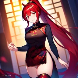 girl, masterpiece, best quality, volumetric lighting, detailed outfit, perfect eyes, red hair, red eyes, long hair, thigh highs, ponytail, chinese clothes, nervous smile,