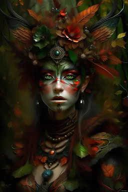 beautiful Forest fairy lady portrait, adorned with textured goth decadent autumn orange and green leaves and botanical floral voidcore shamanism floral ribbed and red berry ribbed armour in the embossed woods background , wearing forest floral and leaves fairy farl goth shamanism fairy mineral stone headdress, organic bio spinal ribbed decadent angel fairy shaman embossed floral backgreong extremely detailed hyperrealistic concept art
