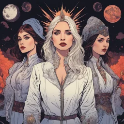 [american gods] three 3 Zorya sisters: Zorya Vechernyaya, Utrennyaya, Polunochnaya (dark magic, danger, stress), comic book style elements. The illustrations are in a square aspect ratio, with a low angle and wide-angle lens effect, blending cartoon, anime, fairy tale, and Moebius's styles. The images focus on line art and high contrast, digital concept art piece.