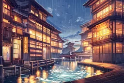the great wave at Kanagawa by katsushika Hokusai,The wave attacks modern buildings and Fuji mountain, rain, Fish on the sea