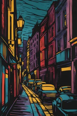 a lino cut drawing of a city street , colorful , heavy strokes , masterpiece , art station
