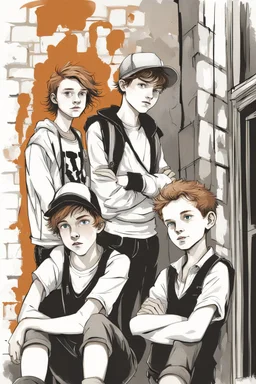 Act like a book cover designer. Use graffiti style. Three teenagers (13-15 years old) - two boys brothers with ginger hair and frickles with a brown-haired girl and with a grimy black cat. Environment: old town.