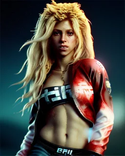 portrait, Shakira, blonde artist, angry, Realistic image, MMA robe, hoodie, mma gloves, band aid, loose long hair, eyes make up, line gold make up, glow, circle iris. Rain, fog, Neon colors, leds. Dark background, photo studio, concept art, smooth, unreal engine 5, god lights, ray tracing, RTX, lumen lighting, ultra detail, volumetric lighting, 3d, finely drawn, high definition, 4k.
