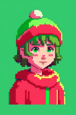 Pixel Art style, Child girl, short brown hair, has red eyes, He has pink dots on his cheeks, wears a green shirt horizontally striped with yellow, He's in a snow-covered place, he's wearing a standard red Christmas hat,