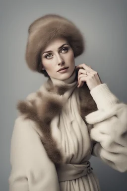 Portrait of a vintage woman in winterdress half body on a white background