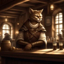 A khajiit with brown spotted fur in a medieval fantasy tavern dressed in rags