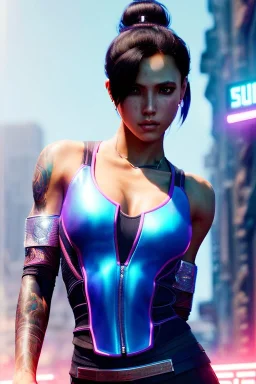 Athlethic Young woman, futuristic fantasy assassin character, portrait from waist up, intricate eyeliner, vibrant eyeshadow, clear completion, soft lighting, 4k resolution, intricate details, insanely detailed, white tank top, vibrant Japanese style tattoo sleeve, colorful cityscape background, masterpiece, expert, cinematic smooth, retroanime style, realistic details