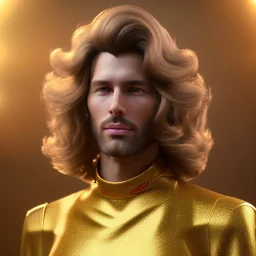 beautiful cosmic golden male, long hair, nice smiling, delicate colors, beautiful glamour galactic golden dress, ultra sharp focus, 8k, unreal engine 5, extremely sharp detail, light effect, soft light atmosphere of a spaceship, smooth, full of details, face in front, complete vision of face and body