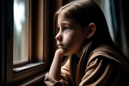 An 11-year-old girl looks out of a window inside the classroom, her hand is not visible, her skin is between brown and white