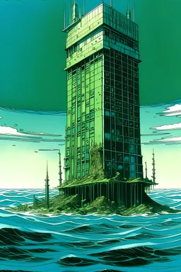 a futuristic skyscraper submerged in the ocean, drawn by Jean Giraud