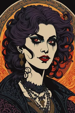 museum quality color woodcut of a dystopian goth punk female vagabond vampire with highly detailed hair and facial features , in the style of Gustave Baumann, with a fine art aesthetic, highly detailed, finely cut ,8k render,