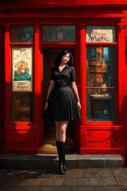 Photorealistic image of a young woman with dark hair, in a black ankle length skirt, boots and shirt, standing outside an old magic shop front with large red painted multi-paned picture windows on either side of a multi-paned doorway.